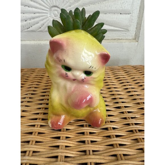 Vintage 50's Yellow Ceramic Cat Kitten Planter Pot Vase Kitsch Retro - Picture 2 of 14